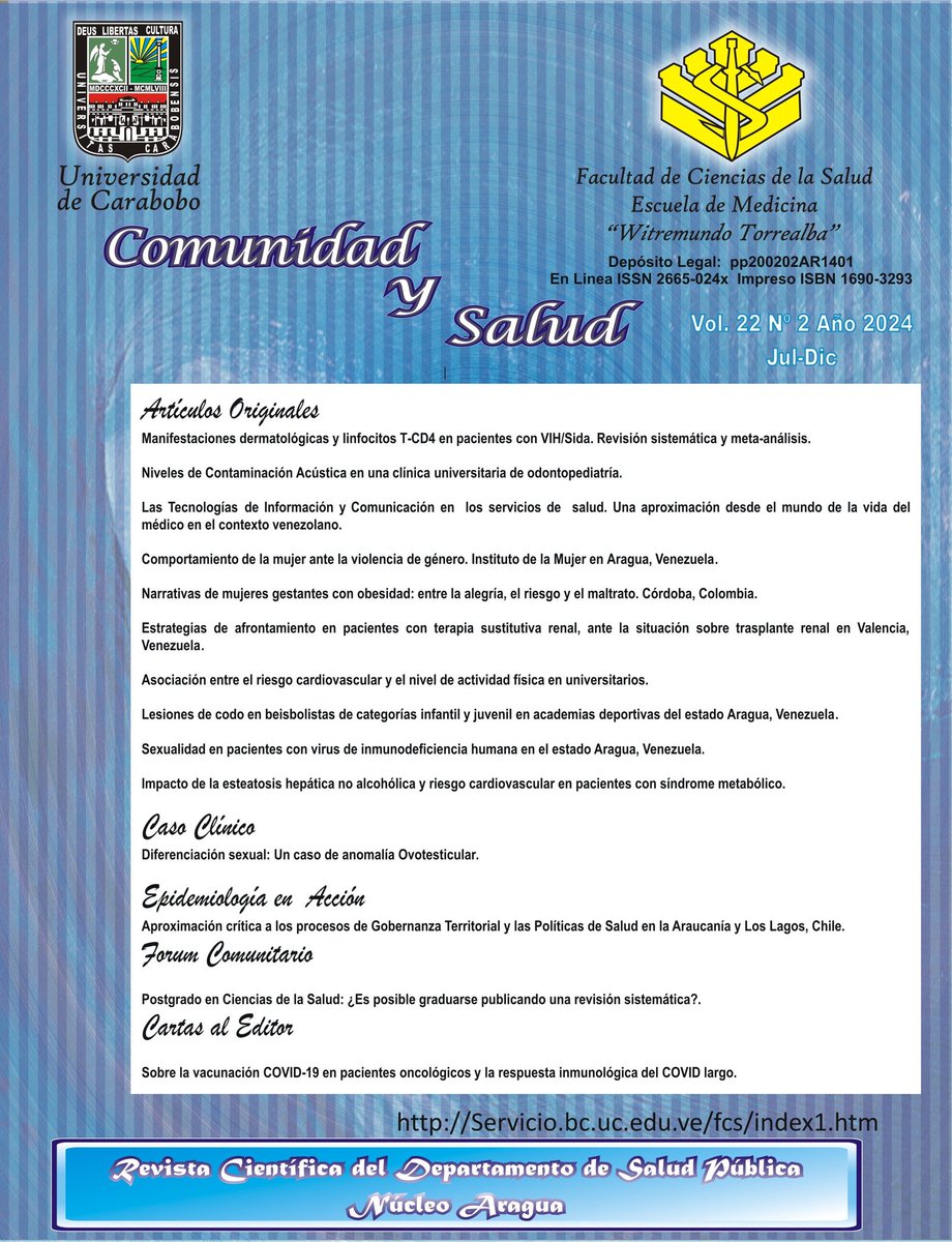 Revista Comunidad y Salud, Volumen 22 - Número 2. Julio-Diciembre 2024 de <a href="/FCS_UC/">FCS Sede Carabobo UC</a> <a href="/UCarabobo/">Universidad de Carabobo</a> en el portal de Revistas <a href="/RedBiblioUC/">Red Bibliotecas UC</a> servicio.bc.uc.edu.ve