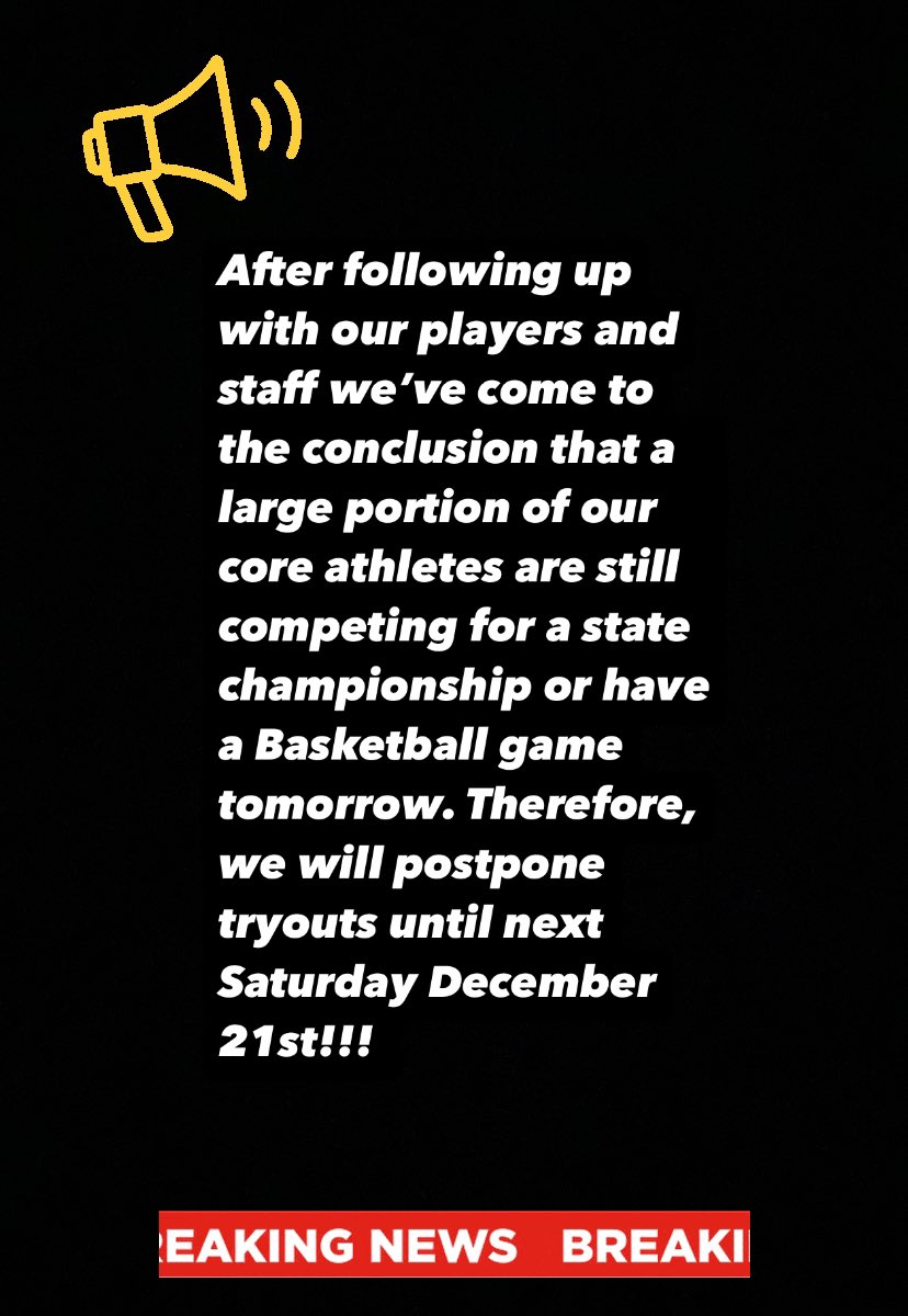 Tryouts have been postponed to Saturday December 21st! We apologize for any inconvenience. #Beast