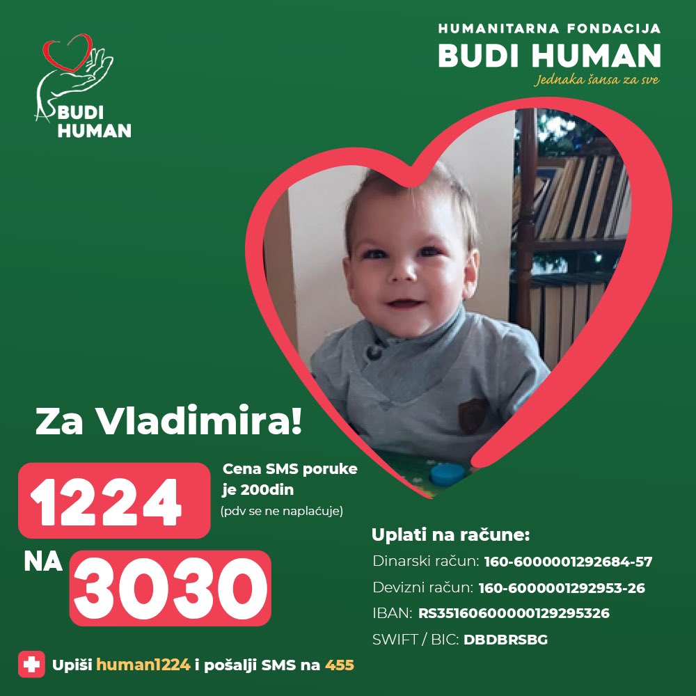 budihuman's tweet photo. Pomozimo Vladimiru!

Upišimo 1224 i pošaljimo SMS na 3030

https://t.co/JuOWhYKDHC

#budihuman #jednakašansazasve https://t.co/kV6APjzEIY