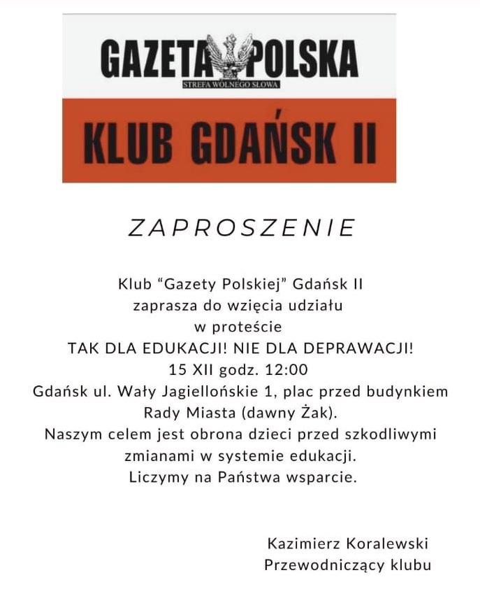 OGdansk's tweet photo. #Gdańsk #Trójmiasto 
Zapraszamy na Protest 
#TAKdlaEdukacjiNIEdlaDeprawacji ‼️
Niedziela 15.12.2024, budynek Rady MG g.12:00
#Szkoła #Edukacja
Rodzice, Nauczyciele, Organizacje. 
Spotkajmy się aby wspólnie powiedzieć ⛔️@MEN_GOVPL  NIE dla DEPRAWACJI ⛔️naszych dzieci. https://t.co/yVACCylq6g