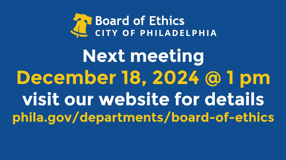 It's the last public meeting of the Board in 2024 on Wednesday, 12/18 on the 18th Floor of OPB @ 1pm.  You can attend in-person or via Zoom.  Meeting details &amp; login info is with our agenda: ethics.pub/agenda