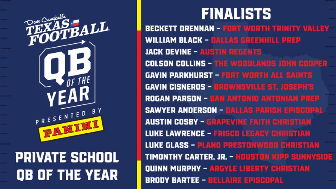 Thank you <a href="/dctf/">Dave Campbell's — TexasFootball.com</a> for the qb of the year finalist for private schools!

<a href="/GFCSFB/">Grapevine Faith Football</a>