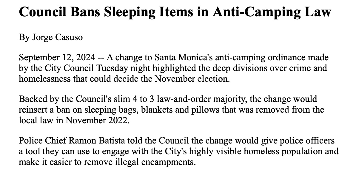 Santa Monica banned unhoused people from possessing pillows or blankets. This is murder.