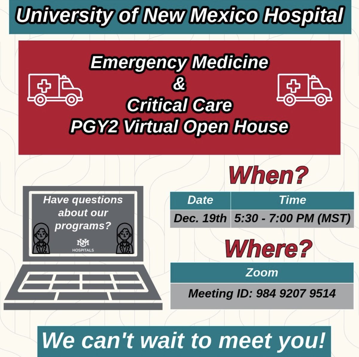 🚨#TwitteRx! Interested in pursuing a PGY-2 #PharmRes in Emergency Medicine or Critical Care? Join us during our virtual open house on 12/19 to learn about UNM Hospital, New Mexico’s only level 1 trauma center &amp; primary academic medical center!