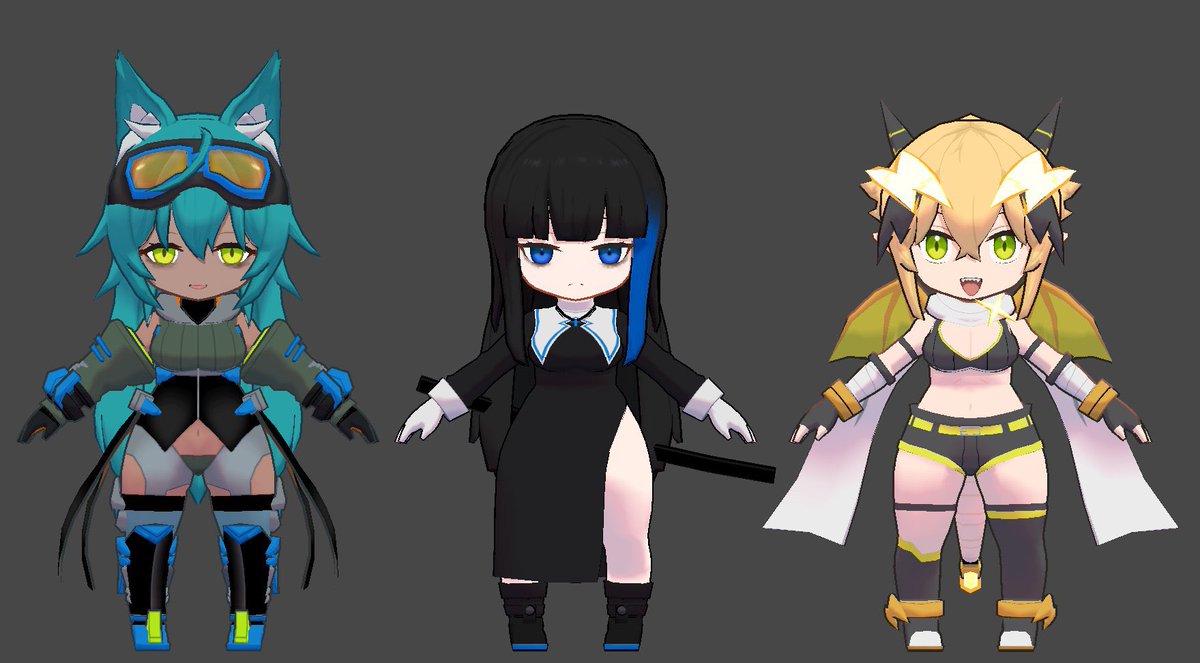 #うちよそ3D
最近はオリジナルの絵の他、3Dのリハビリもはじめました
うちOCのアーバイン
ヴぃヴぃさん(@ vi__x2)_のルアさん
いとりょさん(@ drgn_um)のサンちゃんの
ちび3Dモデルです
需要があればこの感じのデフォルメ3Dモデルのコミッション受けられます(来年から)