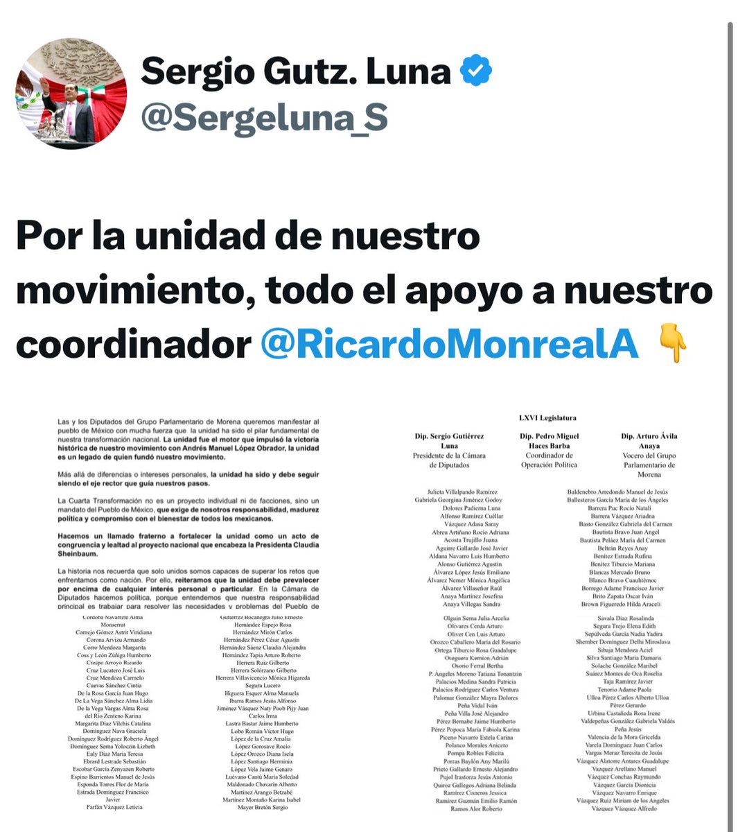 Ahora los diputados firman un desplegado de apoyo a <a href="/RicardoMonrealA/">Ricardo Monreal A.</a>, tras las acusaciones de <a href="/adan_augusto/">Adán Augusto López H</a>  sobre los manejos en el Senado.

<a href="/Sergeluna_S/">Sergio Gutz. Luna</a>  borró el post, pero siempre hay un tuit...