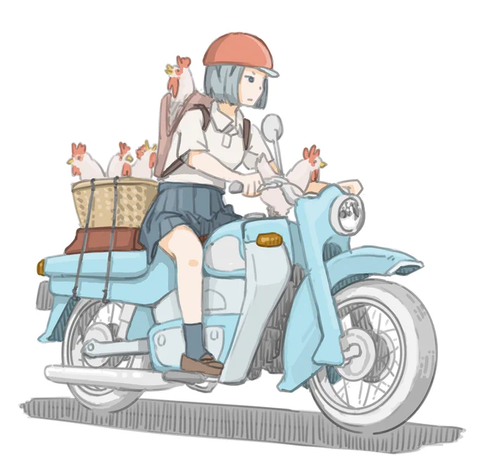ニワトリの鳴き声で近隣住民に気象を促すバイト(時給874円)をする女子です。 (三輝工業 ロイヤルサンライト)【再掲】 #バイクJK #イラスト