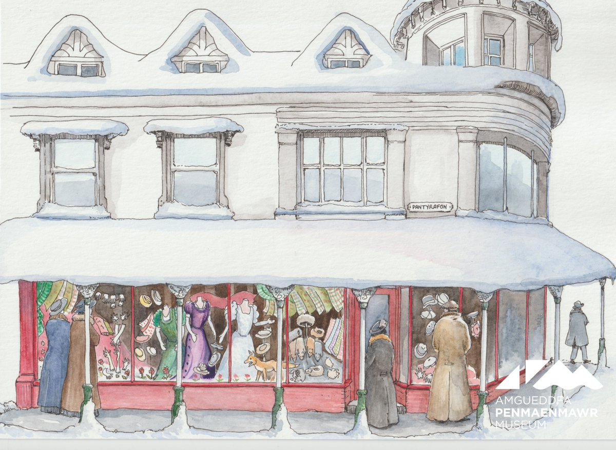 Museum_Pen's tweet photo. We've used photos in our collection &amp; descriptions of Penmaenmawr's shop windows from Christmas 1901 to create some interpretative illustrations. This is the window S. H. Roberts &amp; Co, Cambrian House. A feature of the window included a stuffed fox caught in the vicinity! https://t.co/ofjpjs1B1z