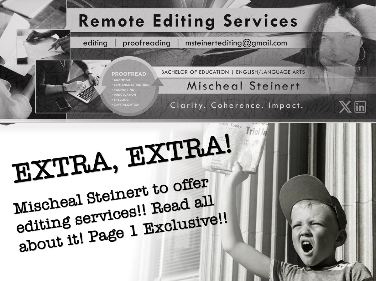 WildBillGrafix's tweet photo. Extra, Extra!! Read all about it! Mischeal Steinert to offer editing services! @mischasteinert
#msteinertediting #remoteediting #proofreading #editing #Texas #SouthernBell #manuscript #freelanceeditor #copyeditor #copyediting #proofreadingcopyeditor https://t.co/ZI3aAvNUSR