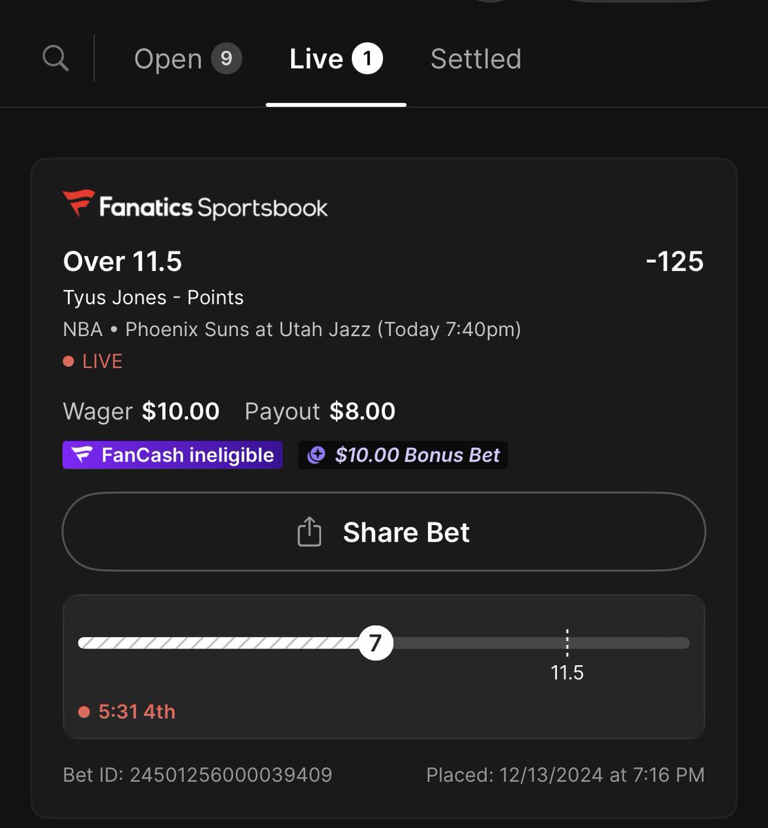 FortTram's tweet photo. @FanaticsBook get your crap together!!! Tyus easily covered way earlier in the game but your app on my bet still shows him with 7 points with 5 min to go then your live tracker shows him at 19 points! What the heck?!?! You’re making it REALLY easy to never want to use you again! https://t.co/mniP2XruPJ