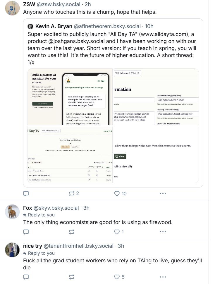 Afinetheorem's tweet photo. Friends, I don't think the blue site is new town square. Announced our new AI tool to improve education (https://t.co/Cv1p6brc0l!). Response: I'm "only good as firewood", shame!, gross, scab...not from randos, but from academics & a Yale Review Editor. "Trust, Safety, Community"? https://t.co/z4uDB3oq3f