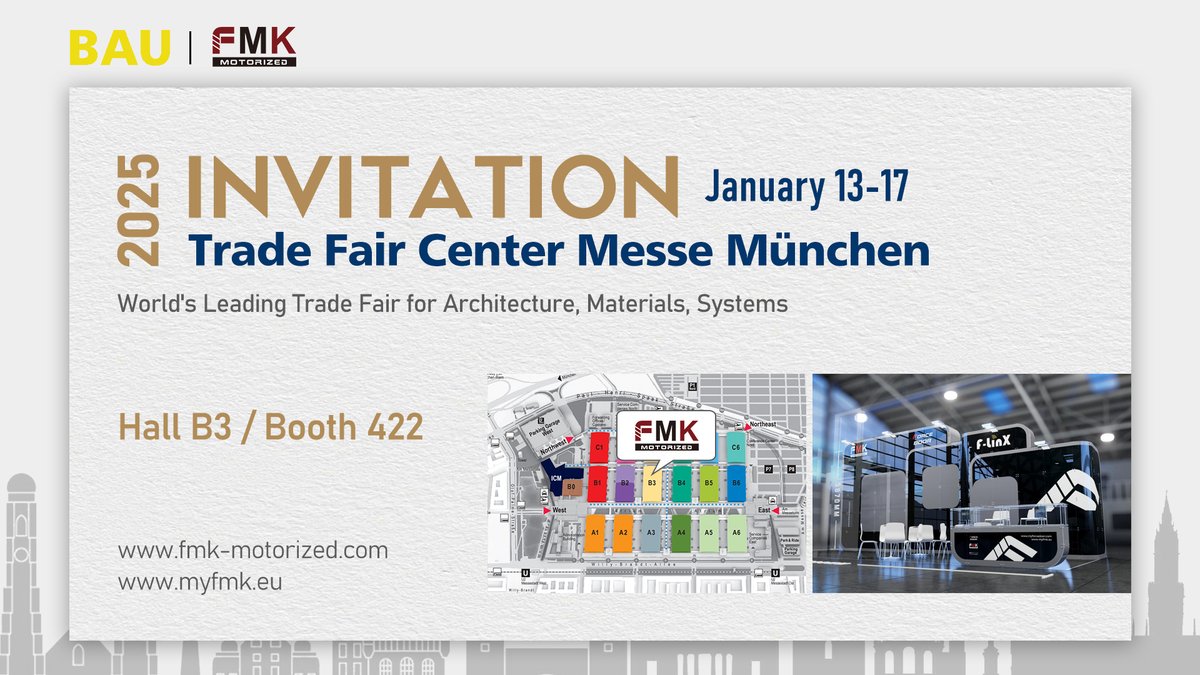FMKmotorized's tweet photo. We are excited to invite you to visit us at BAU 2025.

Time: January 13rd -17th 2025;
Our stand: Hall B3, Booth 422;

See you then👊 https://t.co/agvGKkChpW