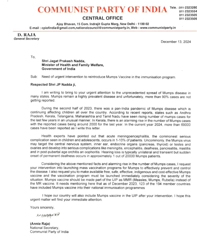 Addressed urgent intervention of <a href="/MoHFW_INDIA/">Ministry of Health</a>  to reintroduce Mumps vaccine in the immunisation program 
#MumpsVaccine 
#CPI