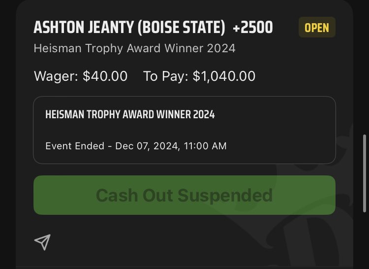 Propshot1's tweet photo. I️ put this in on the first of December and since then there has been a trend towards Jeanty. Below +1000 on all books except FanDuel and Caesar’s and now the bet does not seem to be offered anymore. Aside from statistics and (betting) trends, what factors movement? #Heisman https://t.co/bmEz8TUg4B