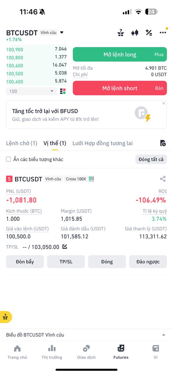 LuckyStudent02's tweet photo. Sáng mở mắt dậy thấy âm 2K$, ngủ thêm 1 giấc thấy còn âm 1K$. Thế là tự nhiên không làm gì chỉ ngủ thôi cũng lãi 1K$. 

Tạm thời cất đồng phục của các tư bản vào góc đã, hôm nay chưa phải đi làm rồi. 🥶

Như bài Update gần nhất mình có nói, lệnh này mình sẽ đóng khi có một vài cây H4 đóng trên 102500 hoặc chạm STL 103050 trong ảnh.