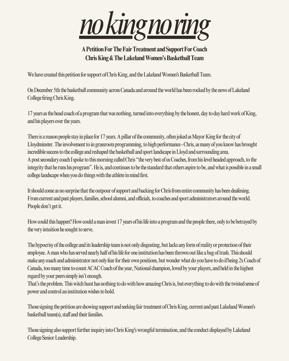 NO KING NO RING 

Coaches we need your support. 

Those signing the petition are showing support and seeking fair treatment of Chris King, current and past Lakeland Women’s basketball team(s), staff and their families.

change.org/p/no-king-no-r…