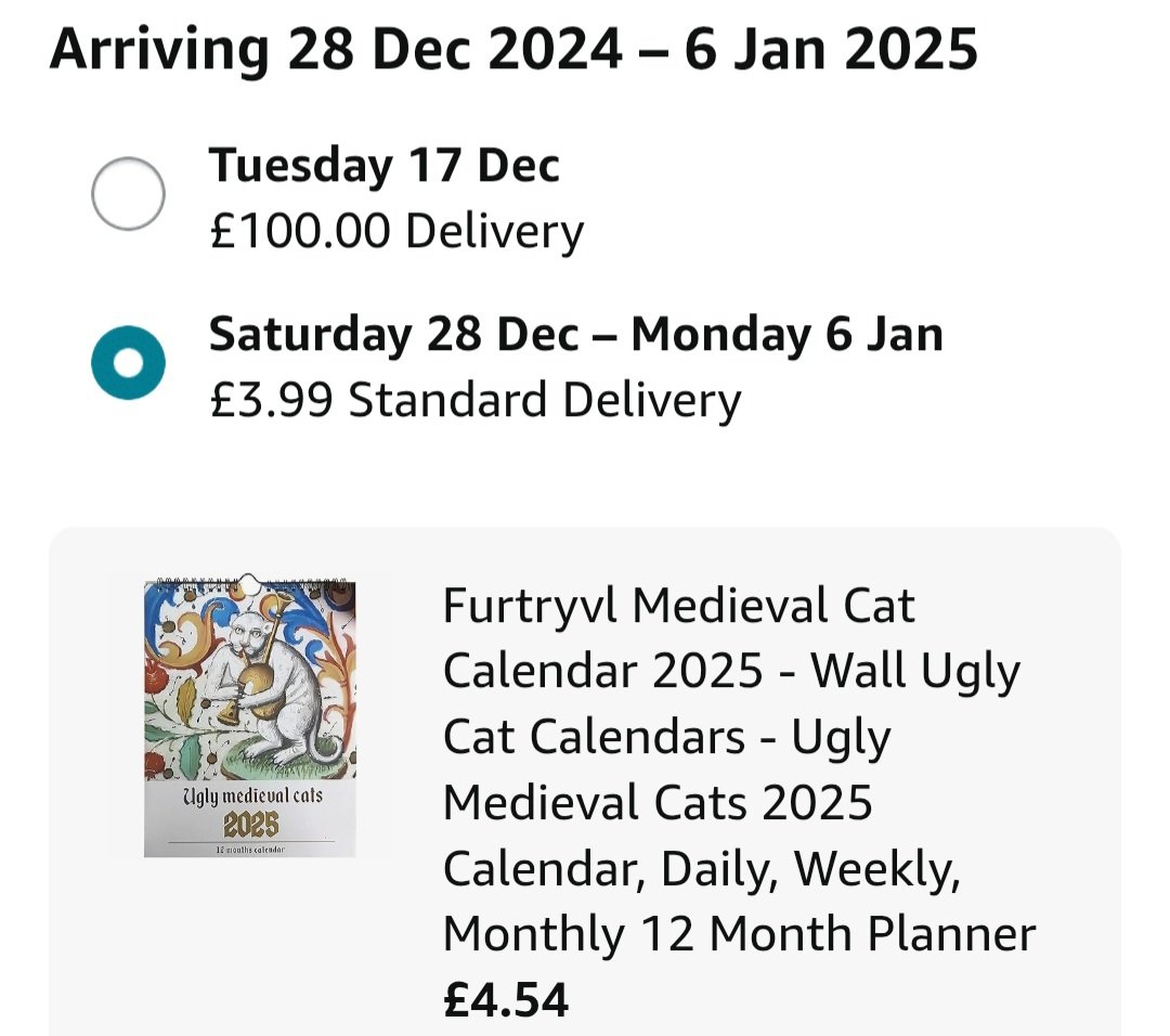 ClicksNbangs's tweet photo. @AmazonUK what the hell is going on? I know people want to make massive profits from other people's desperation but this is seriously scummy, £100 to deliver a bloody calendar, are you serious?? https://t.co/EqTjY7opZ9