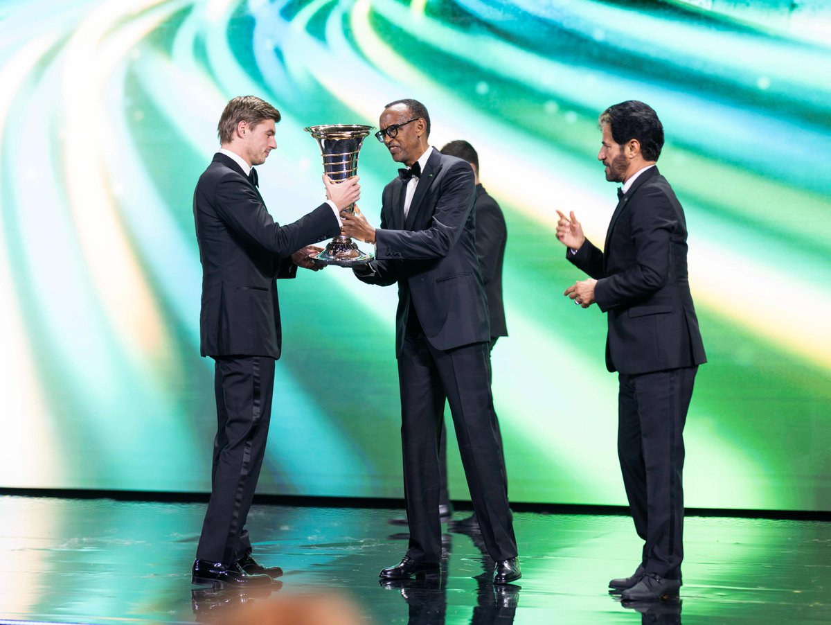 UrugwiroVillage's tweet photo. President Kagame and FIA President Mohammed @Ben_Sulayem awarded four time Formula One World Champion, Max Verstappen @Max33Verstappen, and @McLarenF1 with their ninth Constructor’s Championship during the official FIA Awards Ceremony. 
During the landmark event, President Kagame and Mohammed Ben Sulayem also awarded Michèle Mouton with @fia's inaugural Lifetime Achievement Award, recognizing her extensive achievements within the motorsports industry.