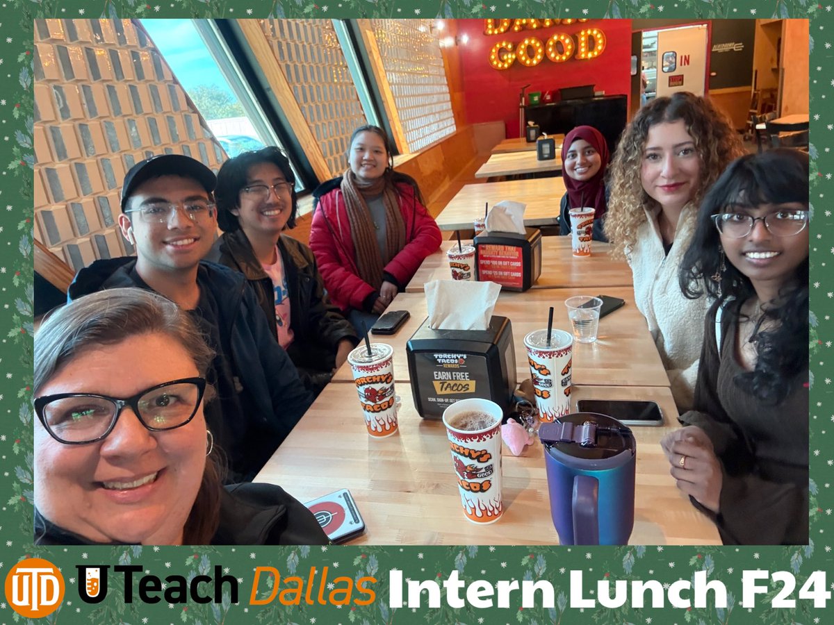 UTeachDallas's tweet photo. Intern end of semester lunch! Thank you to our fabulous interns who keep the workroom and check in/out running.
#fall2024 #studentworkers #uteachdallas #utd https://t.co/PyMlsu0pm3