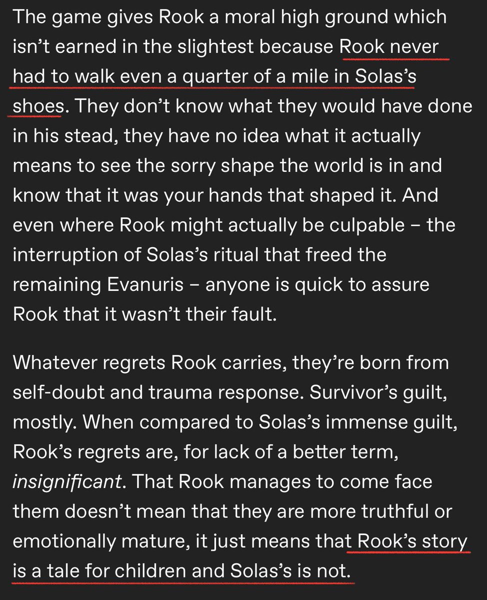 watcher111112's tweet photo. I love this post: it verbalised precisely why I cannot take Rook seriously. As a protagonist Rook is written poorly. If you build the whole narrative of protagonist being a foil to antagonist, then actually commit. Otherwise it feels not genuine

(Link below) https://t.co/8M2uhCvIQs