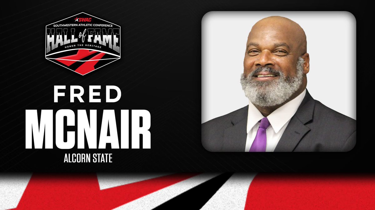 AlcornStateFB's tweet photo. Congratulations to Coach Fred “Air” McNair on his SWAC Hall of Fame induction! 

The entire Alcorn family celebrates this well-deserved recognition. Thank you, Coach McNair, for paving the way and continuing to inspire future generations of Braves! 💜💛

#SWACHallOfFame https://t.co/I7hVLxWLQP
