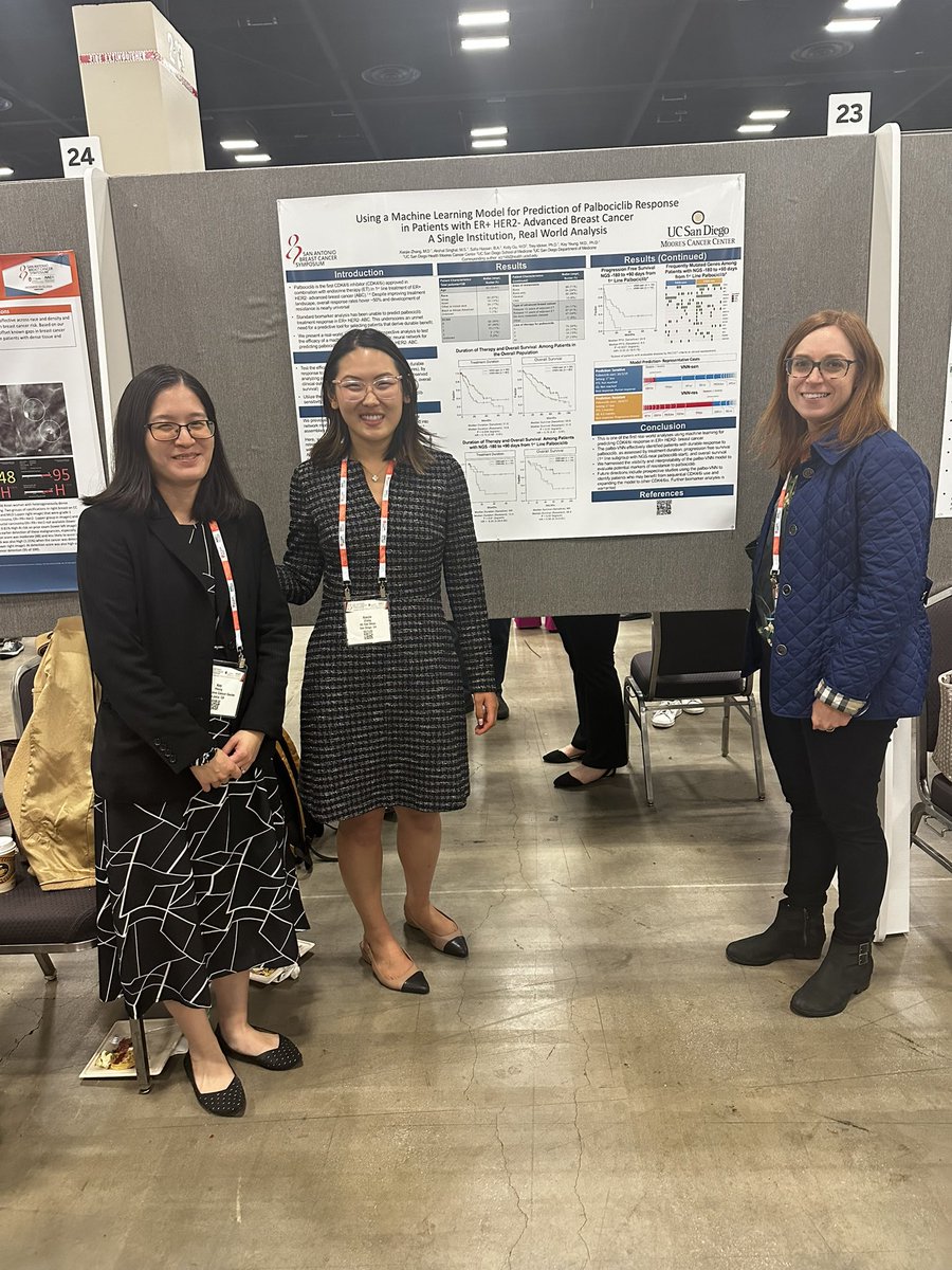 Third year fellow, <a href="/ZoeXZhang/">Xiaojie (Zoe) Zhang</a>, presented her amazing work evaluating the use of machine learning to predict palbociclib response in patients with ER+/HER2- advanced breast cancer at #SABCS24 this week! Go Zoe!