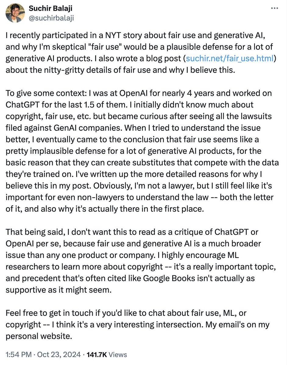 AutismCapital's tweet photo. 🚨This was Suchir Balaji, the 26 year old OpenAI whistleblower found dead's last post on his X. He probably wanted this out there, so here it is. https://t.co/BJlH9FjXih