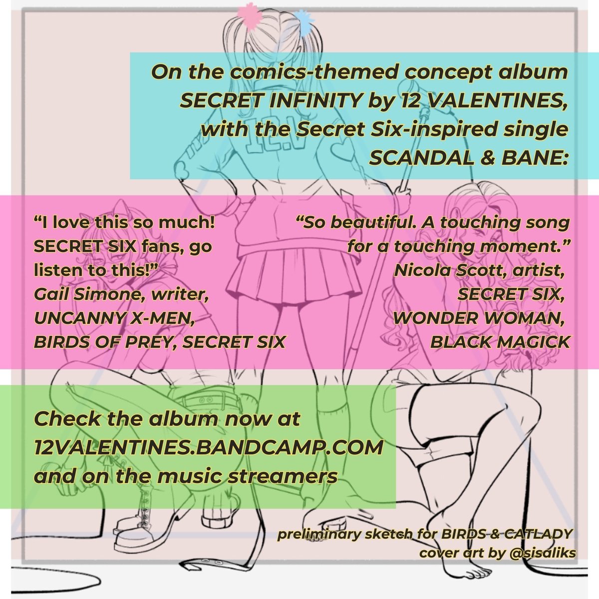 12 Valentines' debut comicbook #conceptalbum is out at <a href="/Bandcamp/">bandcamp</a> now! Thank you <a href="/GailSimone/">Gail Simone 💙💛</a> &amp; <a href="/NicolaScottArt/">⚡️Nicola Scott⚡️</a> for the #SecretSix scene that sorta kicked off the concept. This was the heartwork of my year, and I love how it came out. 
#newmusicfriday #indiepop #12Valentines