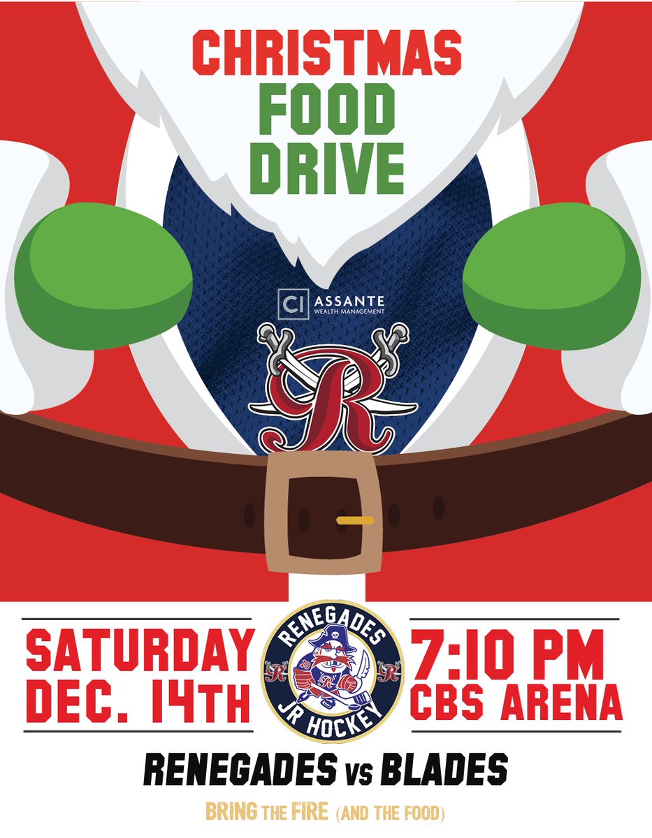 Tomorrow, we will be having our Christmas Food Drive and we’re asking fans to please bring a non-perishable food item or donation for the community food bank. Renegades vs Blades, 7:10pm, CBS Arena. <a href="/sjjuniorhockey/">St. John's Junior Hockey League</a> 
<a href="/TownofCBS/">Conception Bay South</a>