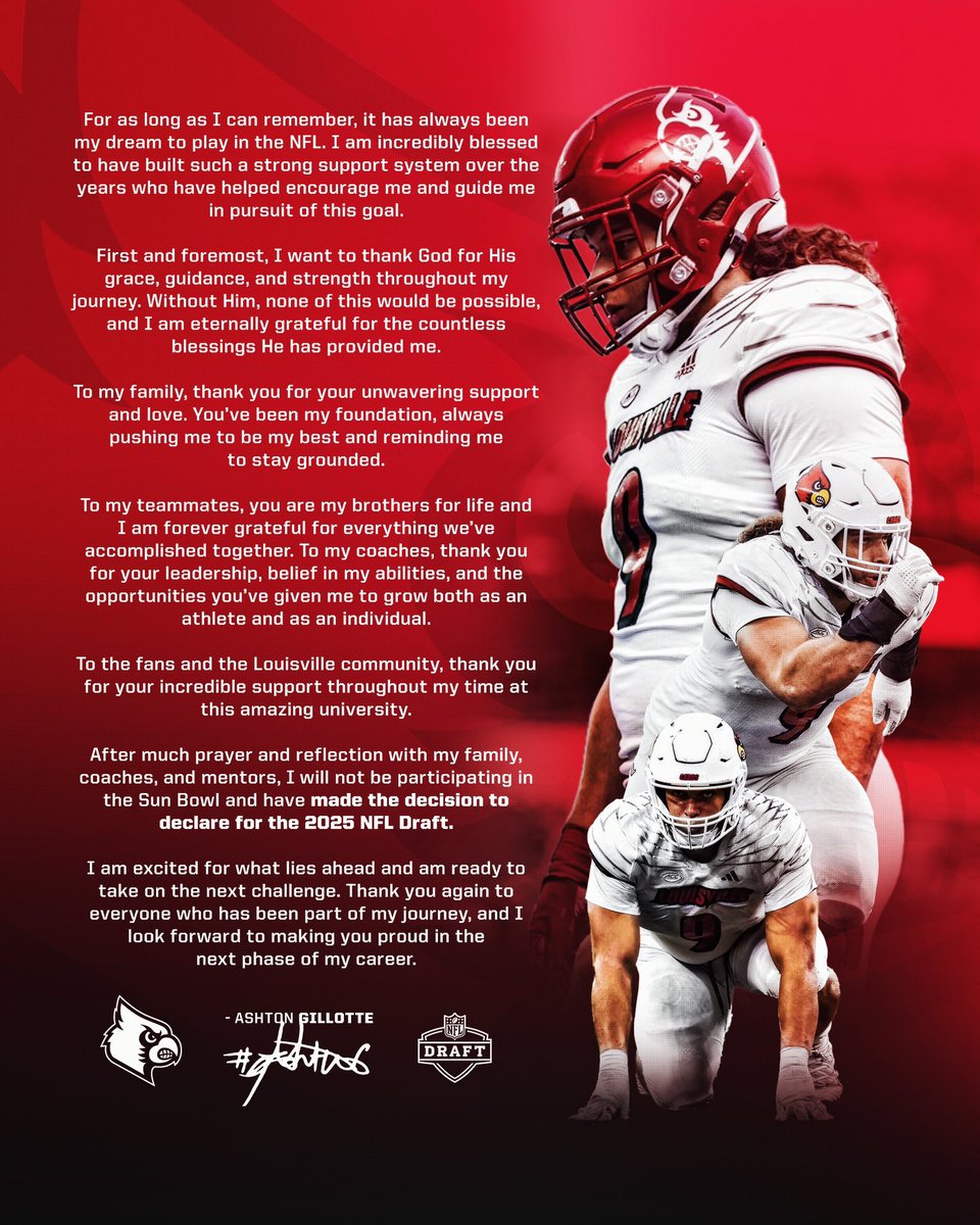 Louisville DE Ashton Gillotte has officially declared for the 2025 NFL Draft and will opt out of the Sun Bowl.

In 2023:
•45 tackles
•14.5 TFLs
•11 sacks
•3 forced fumbles

Who else may opt out as bowl season approaches?