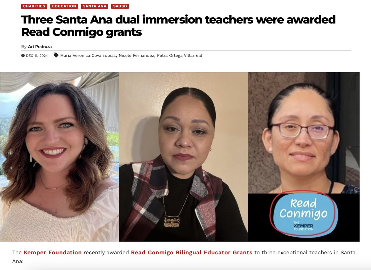 The Kemper Foundation (@thekemperfndn) on Twitter photo Thank you to <a href="/Newsantaana/">New Santa Ana</a> for highlighting three of our new <a href="/ReadConmigo/">Read Conmigo</a> Fall 2024 grantees, Petra Ortega Villarreal from <a href="/ElSolAcademy/">El Sol Academy</a>, Maria Veronica Covarrubias from Jefferson Elementary School and Nicole Fernandez from <a href="/PioPicoPalomas/">Pio Pico Elementary</a>! Thank you to <a href="/Newsantaana/">New Santa Ana</a> for highlighting three of our new <a href="/ReadConmigo/">Read Conmigo</a> Fall 2024 grantees, Petra Ortega Villarreal from <a href="/ElSolAcademy/">El Sol Academy</a>, Maria Veronica Covarrubias from Jefferson Elementary School and Nicole Fernandez from <a href="/PioPicoPalomas/">Pio Pico Elementary</a>!