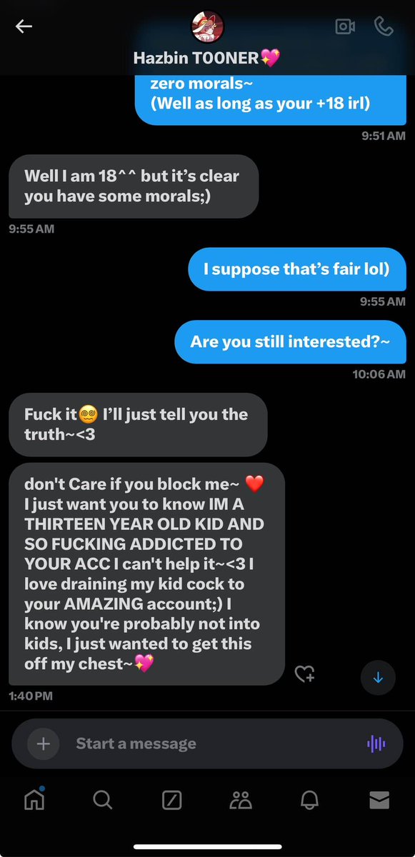 ᅠ

ᅠᅠ
/ / Warning: Minor on the loose.ᅠ

ᅠᅠ

It's brought to my attention that this user is indeed a minor. A friend of mine screenshotted the
encounter with this individual . ᅠ

ᅠᅠ

Block And Mass Report , Please.ᅠ

ᅠᅠ

ᅠ
ᅠᅠ

ᅠ