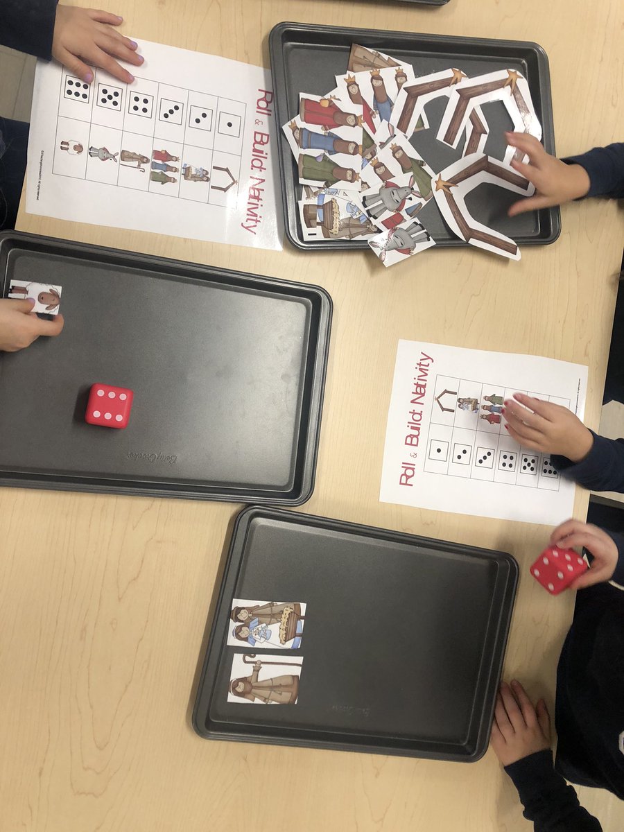 MrsLamers's tweet photo. Today I got to spend some extra time with our Kindergarten friends and enjoy some festive activities. Sticker art/writing prompt, creating angels with pattern blocks and nativity scene roll and build. And they showed me their sparkly play dough. Do you want to build a ⛄️? 🫶🎄✨ https://t.co/goCDSSDg4H