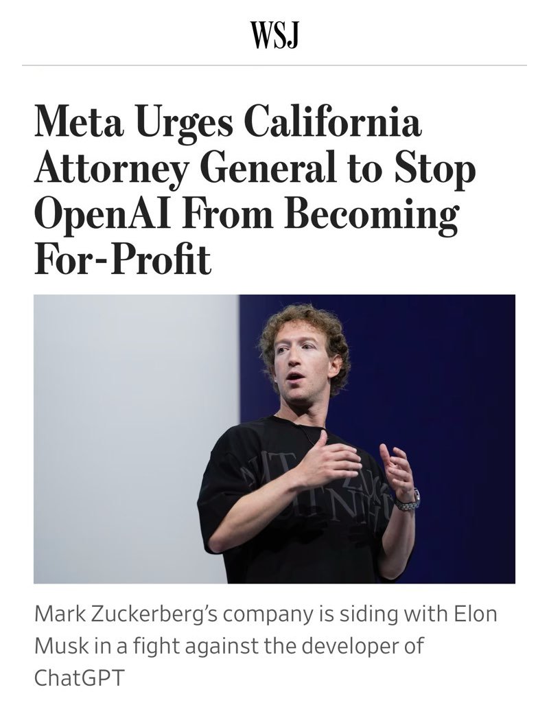 NewsTrendo's tweet photo. 🚨BREAKING: Tech giants clash! Mark Zuckerberg's Meta backs Elon Musk in battle against OpenAI, developer of ChatGPT. 

Meta urges CA Attorney General to block OpenAI's for-profit plans! 

#TechWars #AIbattle #MetaVsOpenAI #ElonMusk #MarkZuckerberg #ChatGPT https://t.co/9KUOSnB4tJ