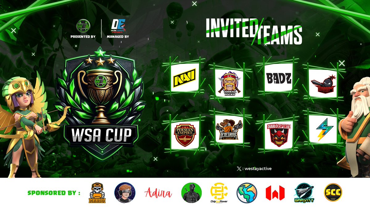 we stay active wsa (@we_stay_active) on Twitter photo <a href="/BADZINGER_COC/">BADZINGER</a> <a href="/NAVI_coc/">NAVI Clash of Clans</a> <a href="/GorkhaRocks/">Gorkha Rocks COC</a> <a href="/PersianEmpire99/">Persian Empire</a> @RenegadosEsport <a href="/TeamDiabloFire/">Team Diablo</a> <a href="/STMN_Clash/">STMN Clash of Clans</a> #boomacademy We would like to welcome this first group of 8 amazing teams to the WSA cup. Can't wait to see the strategies you all come up with. ๐๐๐Gonna be epic. ๐ <a href="/BADZINGER_COC/">BADZINGER</a> <a href="/NAVI_coc/">NAVI Clash of Clans</a> <a href="/GorkhaRocks/">Gorkha Rocks COC</a> <a href="/PersianEmpire99/">Persian Empire</a> @RenegadosEsport <a href="/TeamDiabloFire/">Team Diablo</a> <a href="/STMN_Clash/">STMN Clash of Clans</a> #boomacademy We would like to welcome this first group of 8 amazing teams to the WSA cup. Can't wait to see the strategies you all come up with. ๐๐๐Gonna be epic. ๐