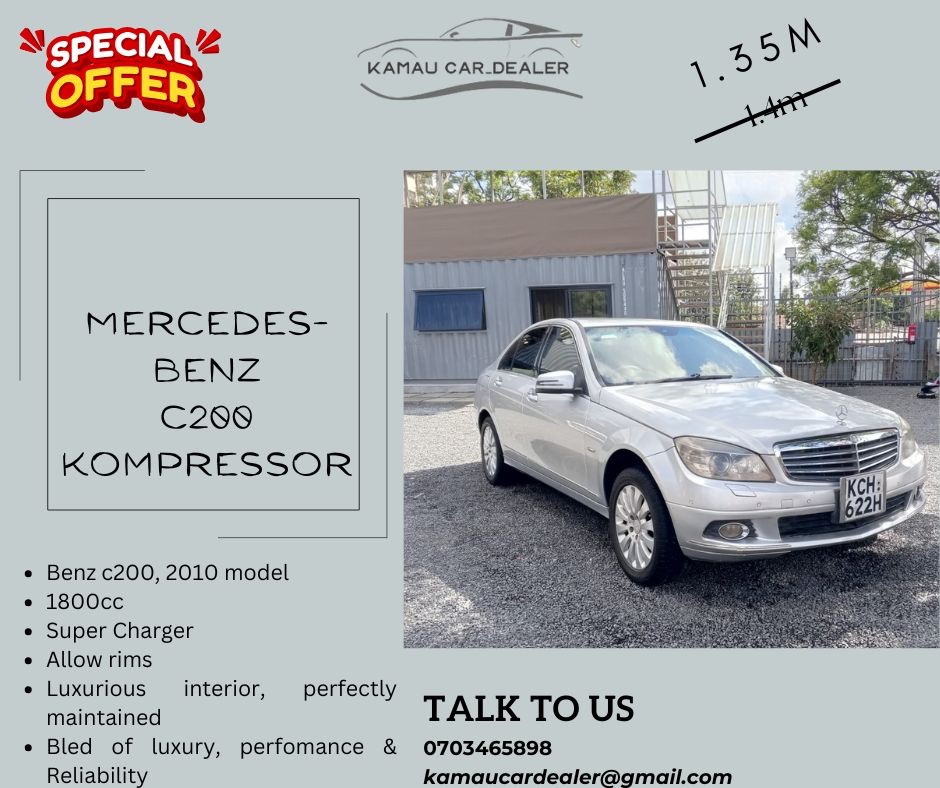 tdAutolink's tweet image. Dont just buy a car-by an Experience
2010 MERCEDES-BENZ c200 Kompressor
Luxury, Perfomance &amp;amp; style in one package!!
Location: utawala
Asking 1.35m slightly negotiable 

0703465898 for viewing &amp;amp; Test-drive