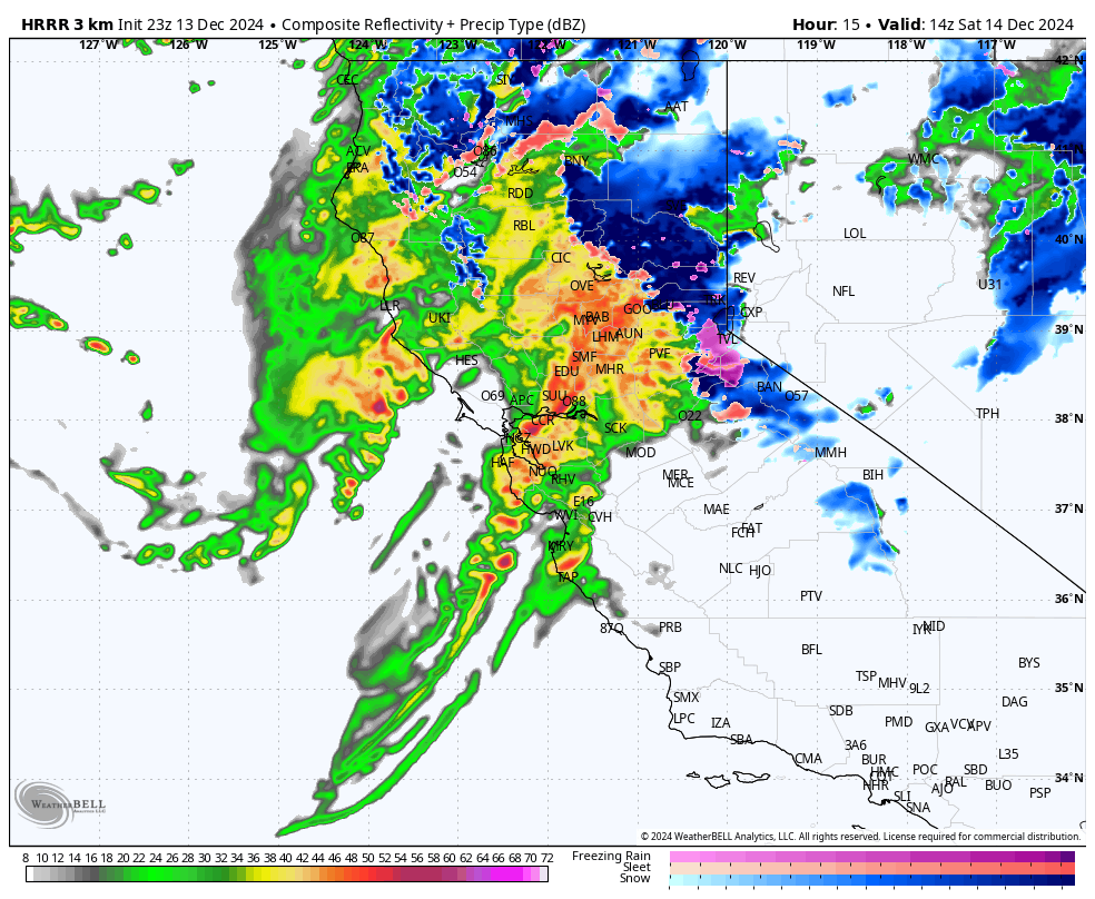 A dangerous narrow cold frontal rainband (NCFR) will sweep through the Bay Area and Northern California overnight, bringing torrential downpours, urban flooding, wind gusts of up to 60 mph, and the potential for an isolated severe thunderstorm.

As the line of storms moves into