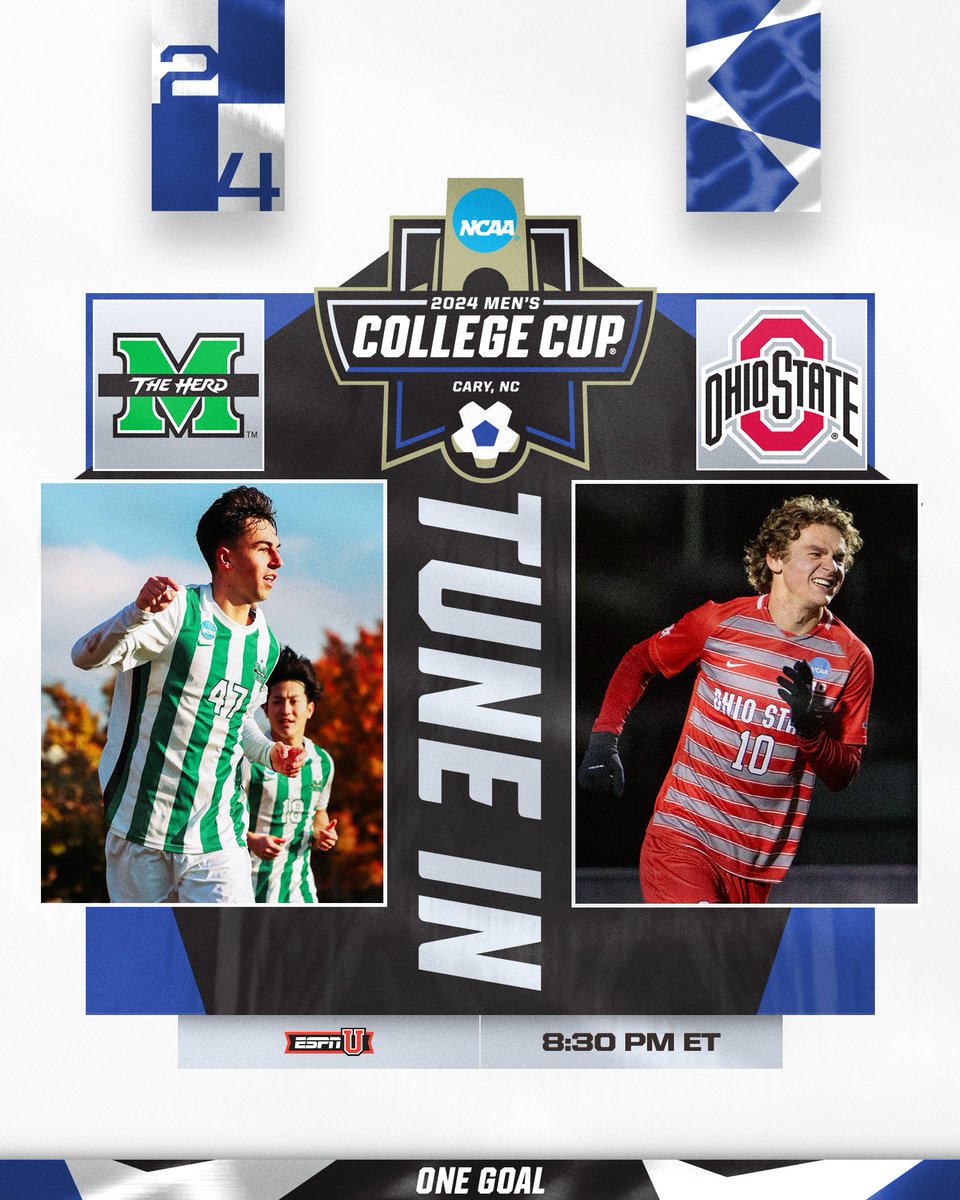 NCAASoccer's tweet photo. ⚽️️ TUNE IN ⚽️

(13) @HerdMSoccer 
🆚
(1) @OhioStateMSOC 
 
⏰ 8:30 PM ET
📺 ESPNU

#MCollegeCup https://t.co/ETdl3MCTEJ