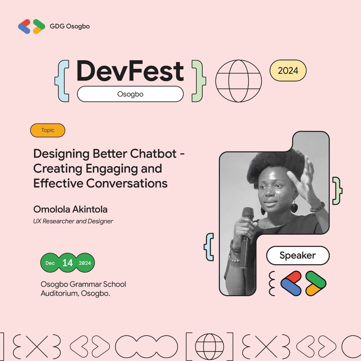 GDG Osogbo #devfestOsogbo24 (@gdgosogbo) on Twitter photo The GDG Osogbo team is excited to announce *Omolola Akintola*.
She is a UX Researcher and Designer
Omolola will be speaking at the #DevfestOsogbo24 on " *Designing Better Chatbot - Creating Engaging and Effective Conversations*".
#DevfestOsogbo24
<a href="/InsideOsogbo/">Inside Òṣogbo</a> The GDG Osogbo team is excited to announce *Omolola Akintola*.
She is a UX Researcher and Designer
Omolola will be speaking at the #DevfestOsogbo24 on " *Designing Better Chatbot - Creating Engaging and Effective Conversations*".
#DevfestOsogbo24
<a href="/InsideOsogbo/">Inside Òṣogbo</a>