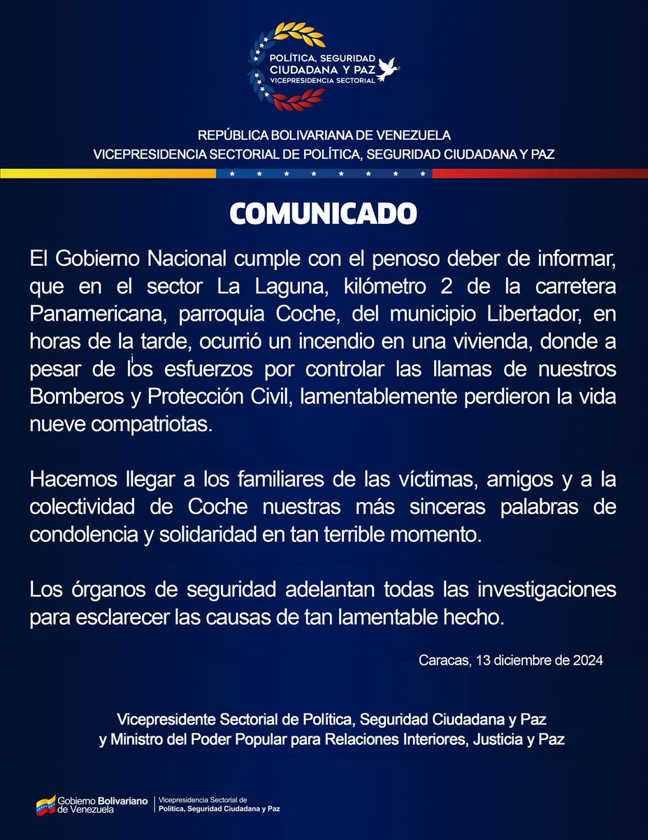 #COMUNICADO || El Gobierno Nacional informa que en el sector La Laguna, km 2 de la carretera Panamericana, ocurrió un incendio en una vivienda, donde lamentablemente perdieron la vida 9 compatriotas.