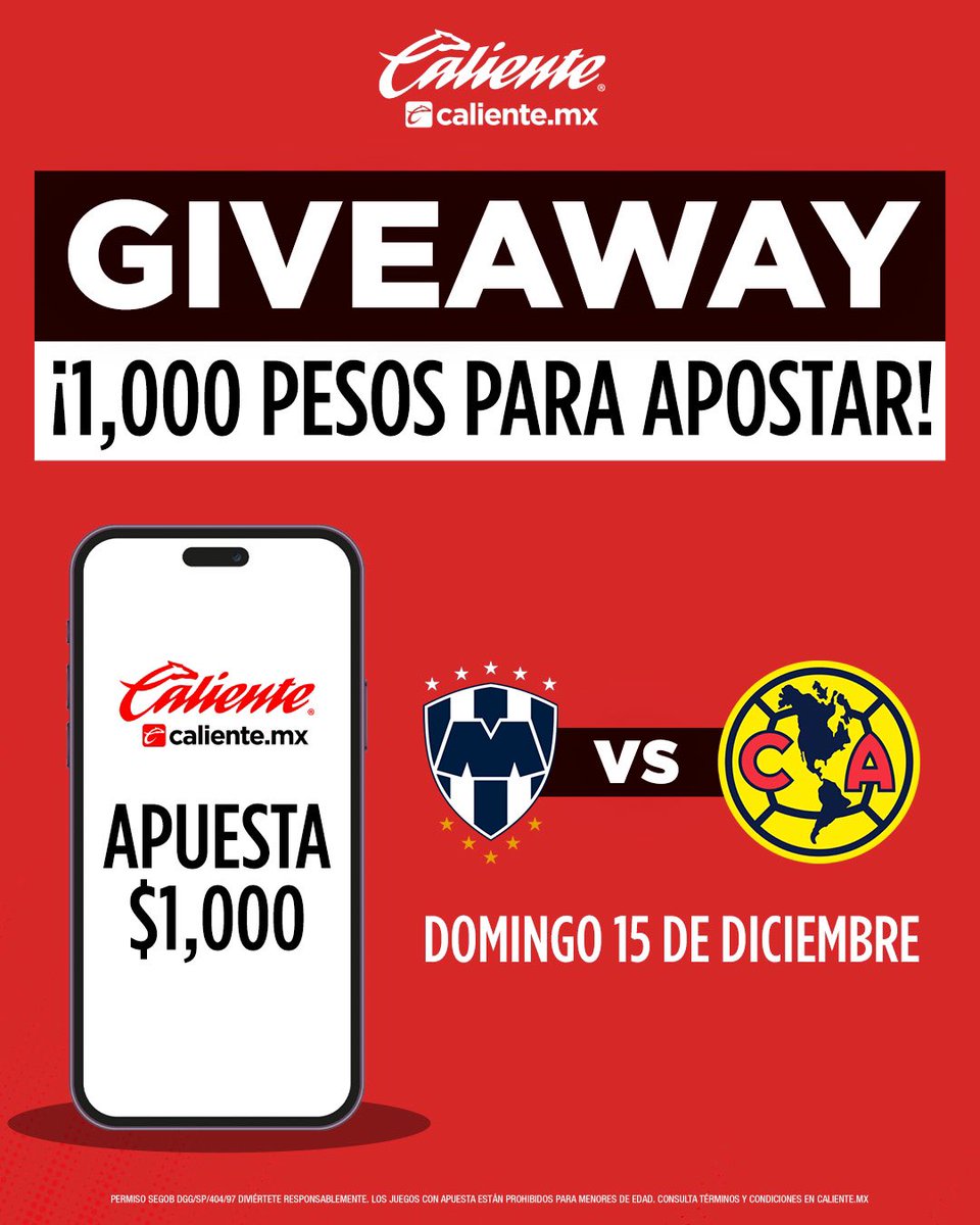 🚨¡Se armó el GIVEAWAY! 🚨
 
GANA UNA DE LAS 🔟 🤑APUESTAS GRATIS 🤑 de $1,000 PESOS ⚽🔥
 
Para participar, haz lo siguiente 👇🏽
1⃣ Sigue a <a href="/calientesports/">Caliente Sports</a>📲
2⃣ Dale 🔁 y ❤️
3⃣ Contesta este tuit con tu pronóstico para la final 🦅🆚🤠 y el hashtag #MásAcciónMásDiversión 🔥

TTYCC