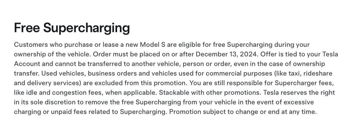 SawyerMerritt's tweet photo. BREAKING: You now get free lifetime Supercharging when you buy or lease a new Tesla Model S.

Order must be placed on or after December 13, 2024. Stackable with other promotions! https://t.co/CY9R4BHVqj