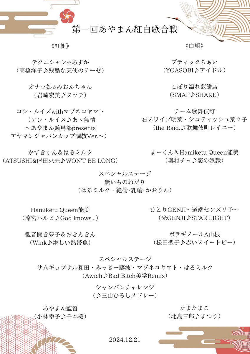 ayaman_kantoku's tweet photo. #あやまんJAPAN大忘年会2024
『あやまん紅白歌合戦』
12/21(土)13〜15時（終演後打ち上げ有）
銀座バグースプレイス
予約➡️https://t.co/vptBP3E1H6

【当日来れない方】
■メンバーシップ1,190コースで生配信が視聴可能➡️https://t.co/mXxCPK7QoC
■遠隔シャンパンあります🍾https://t.co/vptBP3E1H6 https://t.co/rjSHfzwE89