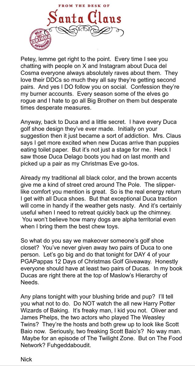 Pete Pappas (@pgapappas) on Twitter photo Letters from Santa DAY 4 PGAPappas 12 Days of Christmas Golf Giveaway
๐ TWO (2) Pairs of ANY Duca del Cosma Golf Shoes (Choose from entire 2024-2025 Collection: ducadelcosma.us) ๐ #JingleBAM
To enter:
๐ Repost
๐ Follow <a href="/PGAPappas/">Pete Pappas</a> and <a href="/Ducadelcosma_/">Duca del Cosma Official</a> Letters from Santa DAY 4 PGAPappas 12 Days of Christmas Golf Giveaway
๐ TWO (2) Pairs of ANY Duca del Cosma Golf Shoes (Choose from entire 2024-2025 Collection: ducadelcosma.us) ๐ #JingleBAM
To enter:
๐ Repost
๐ Follow <a href="/PGAPappas/">Pete Pappas</a> and <a href="/Ducadelcosma_/">Duca del Cosma Official</a>