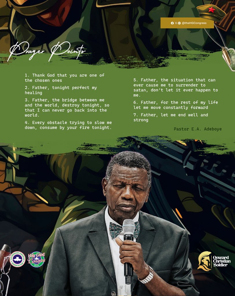 rccgyayaglobal's tweet image. RCCG Holy Ghost Congress Day 5 Prayer Points

1. Thank GOD that you are chosen

2. Father, tonight perfect my healing.

3. Father, the bridge between me and the world, destroy tonight.

4. Father, every obstacle trying to slow me down, consume by fire tonight.

5. Father, the…