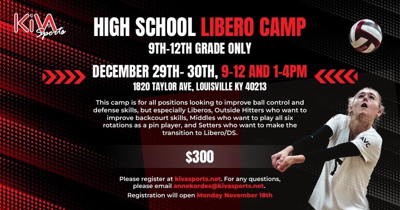 KIVA (@kivavb) on Twitter photo 🏐 Just TWO WEEKS AWAY!
Don’t miss your chance to level up your skills at our Libero Camps!
📍1820 Taylor Ave
👉🏽 annekordes@kivasports.net
🔗 KivaSports.net 🏐 Just TWO WEEKS AWAY!
Don’t miss your chance to level up your skills at our Libero Camps!
📍1820 Taylor Ave
👉🏽 annekordes@kivasports.net
🔗 KivaSports.net