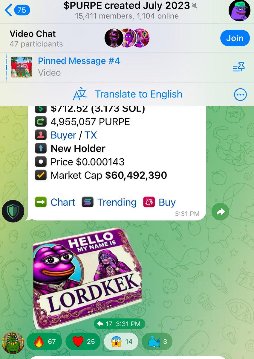 Pepe dev Lord Kek just entered the Purple Pepe Telegram. $purpe