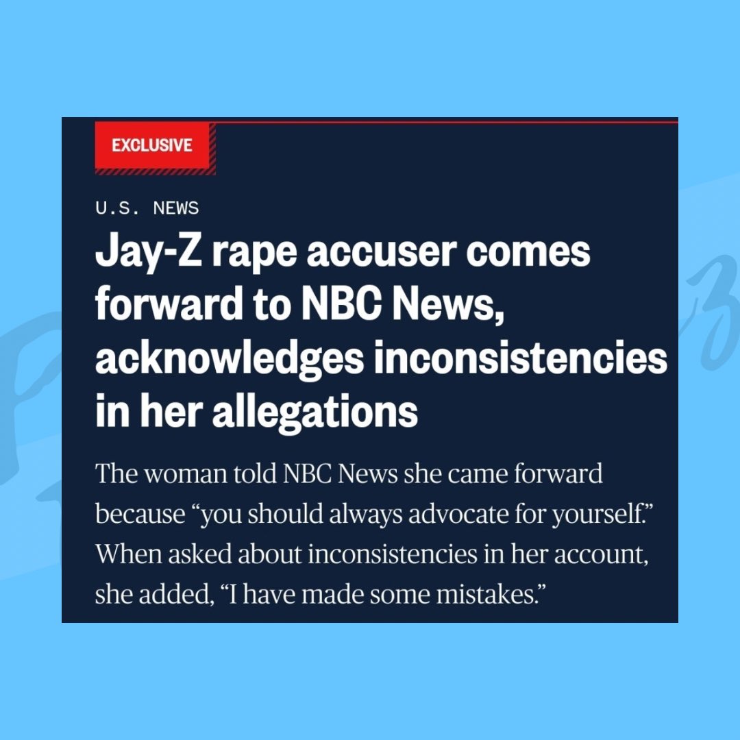 PopTingz's tweet photo. 🚨 In an interview with NBC, the woman who accused JAY-Z of r*pe admits that she “made a serious mistake” and her testimony was “inconsistent”.

The woman - who currently lives in Alabama - said that her father picked her up after the alleged sexual abuse, but he contradicts his daughter, claiming that he does not remember it.

In addition, images from that night show JAY-Z in a different location than the one described by the woman.