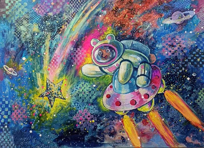UFOに乗って宇宙に行ったクマさん#アナログ #イラスト #宇宙 