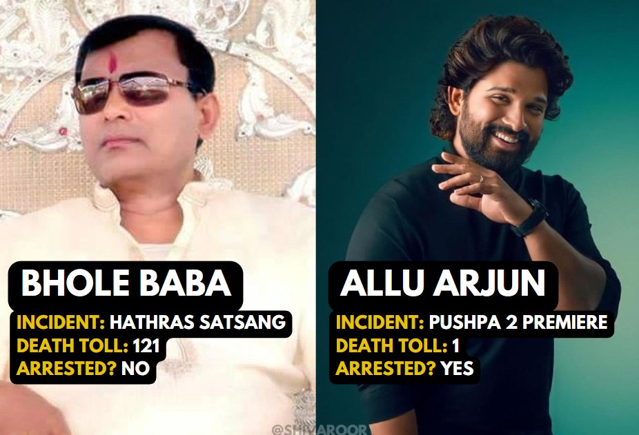 अल्लू अर्जुन के इवेंट में भगदड़ से एक महिला की मौत हो गई,जिसके बाद उन्हें तुरंत गिरफ्तार कर 14 दिनों की पुलिस कस्टडी में भेज दिया गया।वहीं UP में एक बाबा के कार्यक्रम मे 121 लोगों की मौत हुई, लेकिन कोई कार्रवाई नहीं हुई। क्या कानून वास्तव में सबके लिए समान है? #AlluArjunArrested